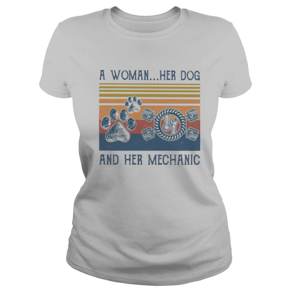 A woman her paw dog and her mechanic vintage retro shirt