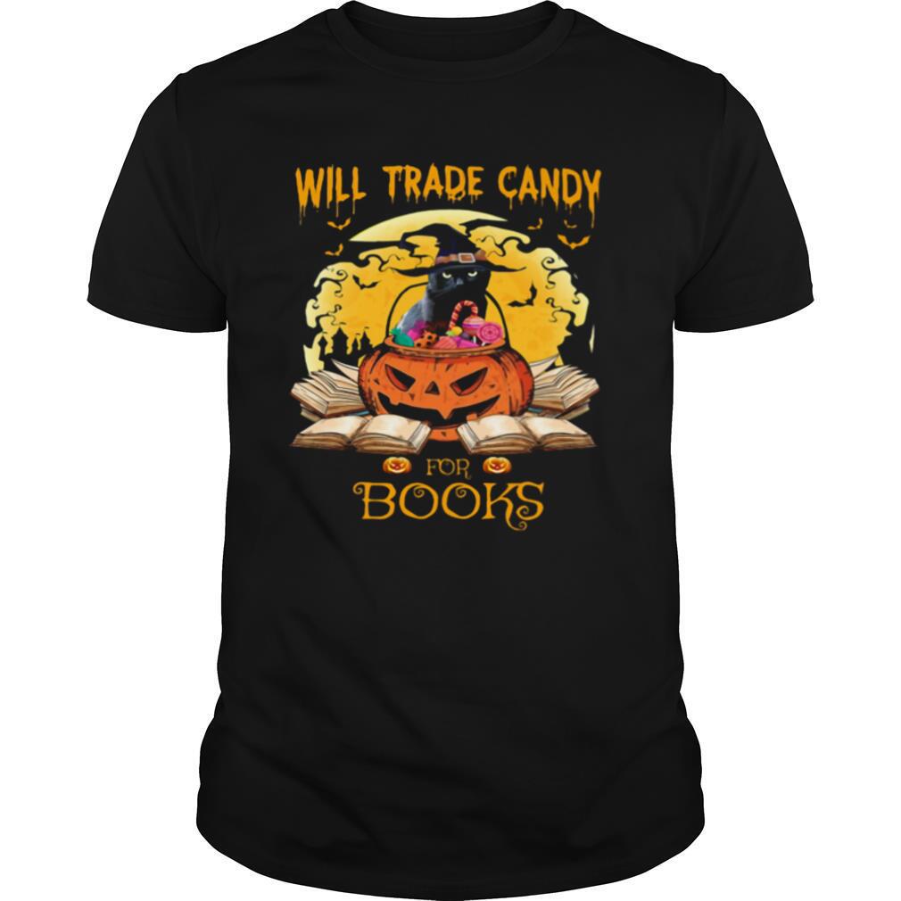 Halloween cat witch will trade candy for books moon shirt