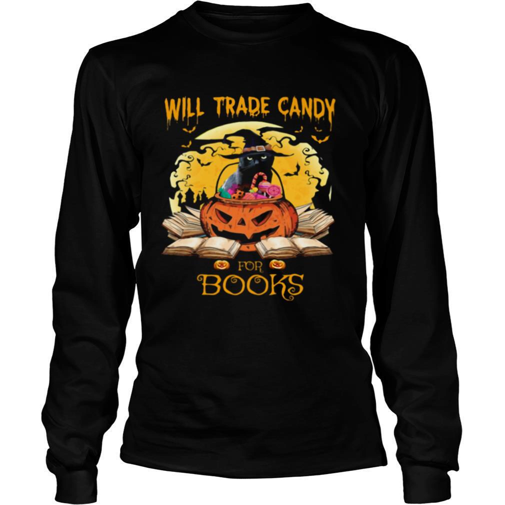 Halloween cat witch will trade candy for books moon shirt