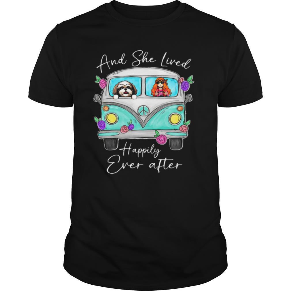 Peace bus yorkie and she lived happily ever after flowers shirt