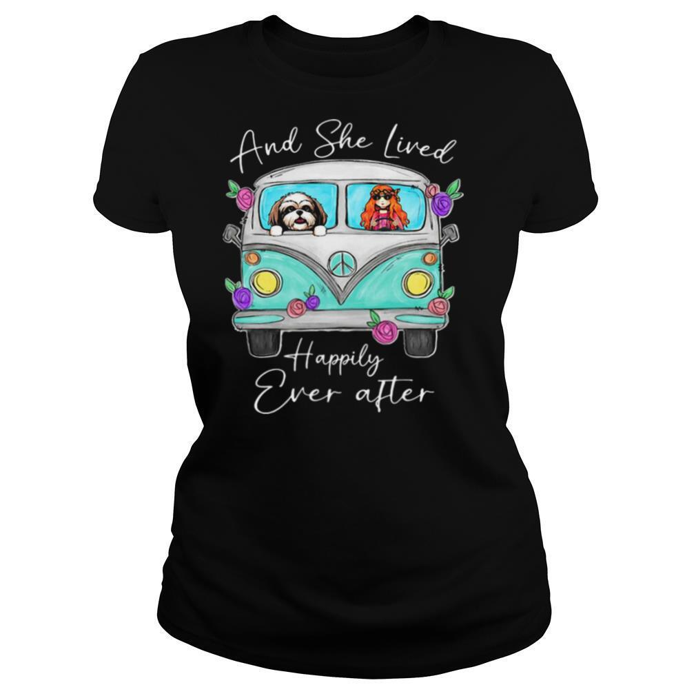 Peace bus yorkie and she lived happily ever after flowers shirt