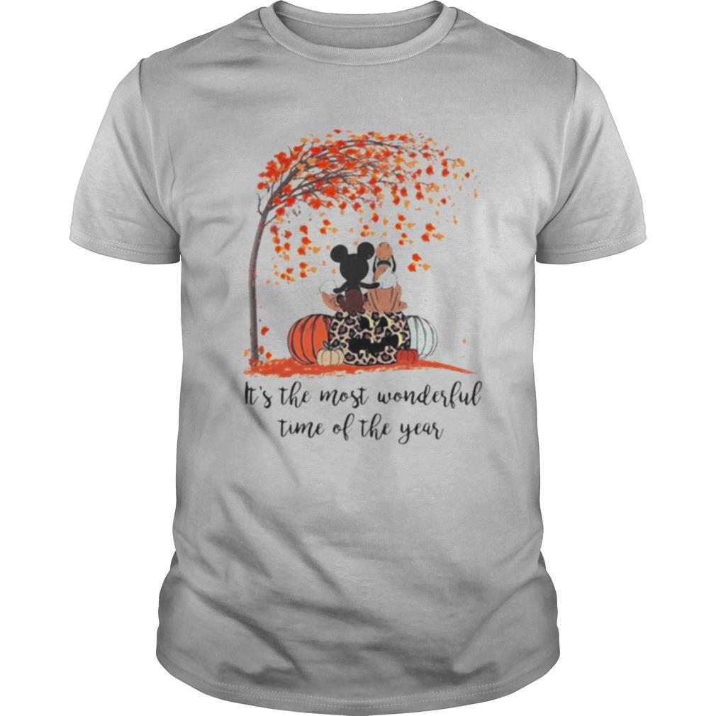 Mickey mouse and pluto it’s the most wonderful time of the year leaves tree pumpkins leopard shirt