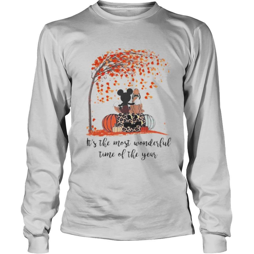 Mickey mouse and pluto it’s the most wonderful time of the year leaves tree pumpkins leopard shirt