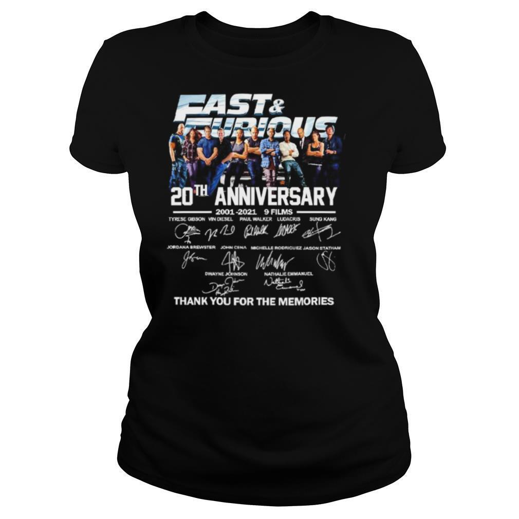 Fast and Furious 20th anniversary 2001 2021 9 films thank you for the memories shirt