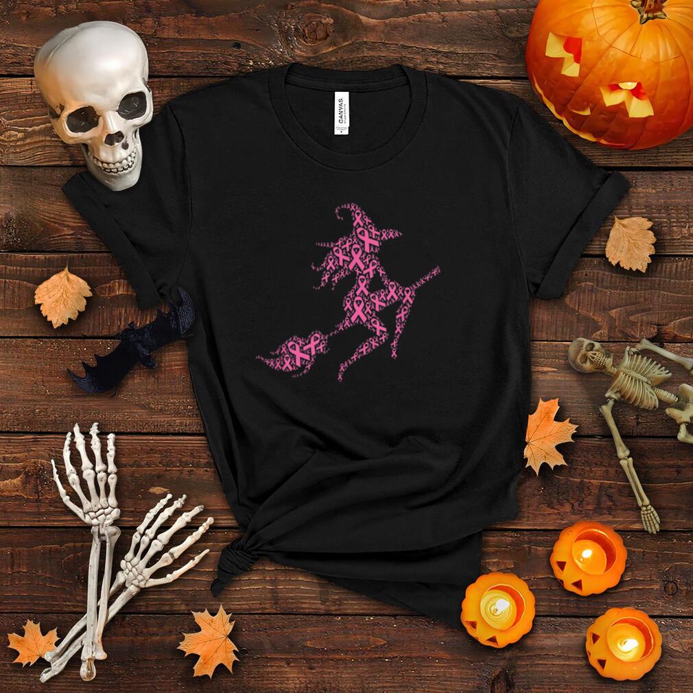 Halloween Flying Witch on Broom Breast Cancer Pink Ribbon T Shirt