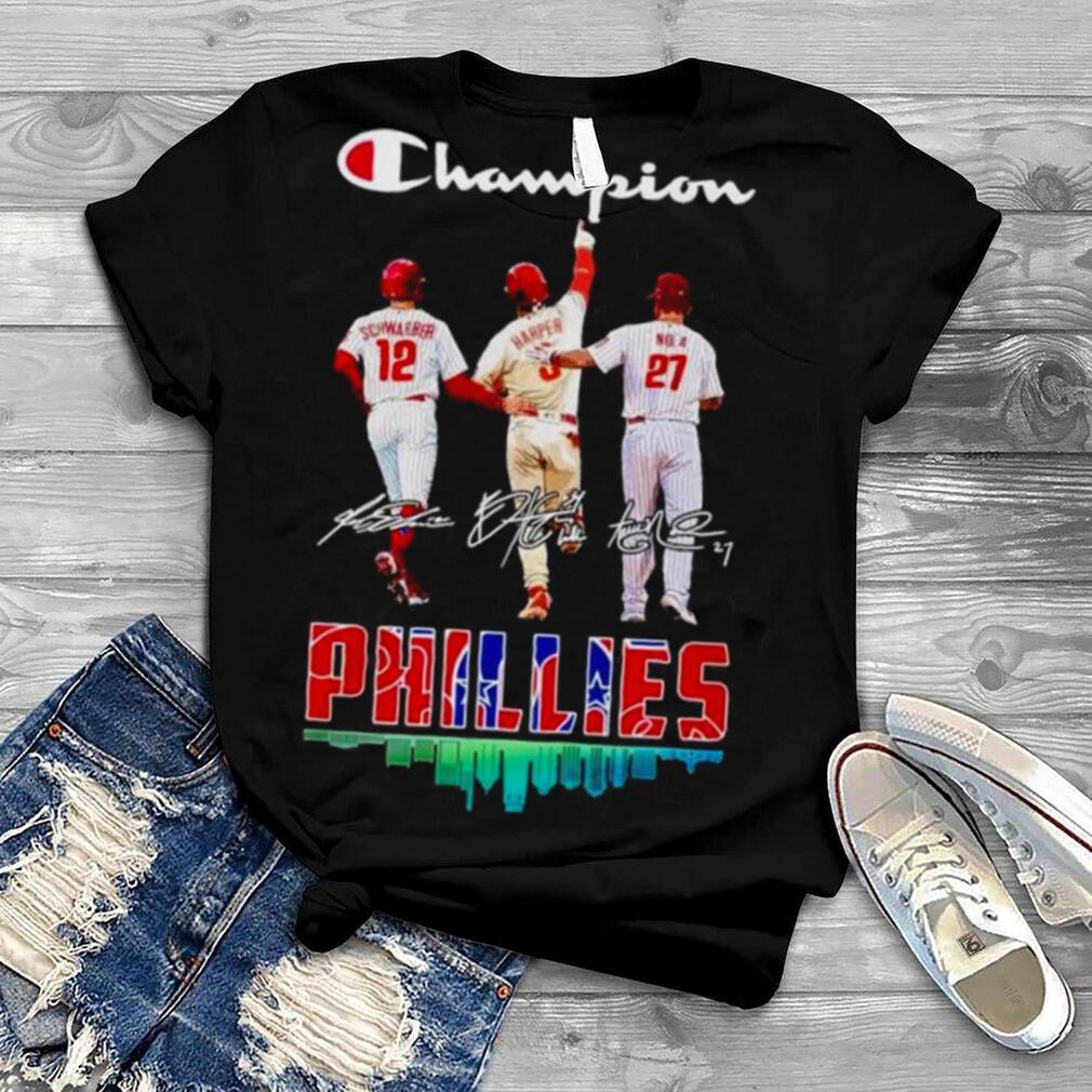 Kyle Schwarber Bryce Harper and Aaron Nola Champion Philadelphia Phillies signature shirt