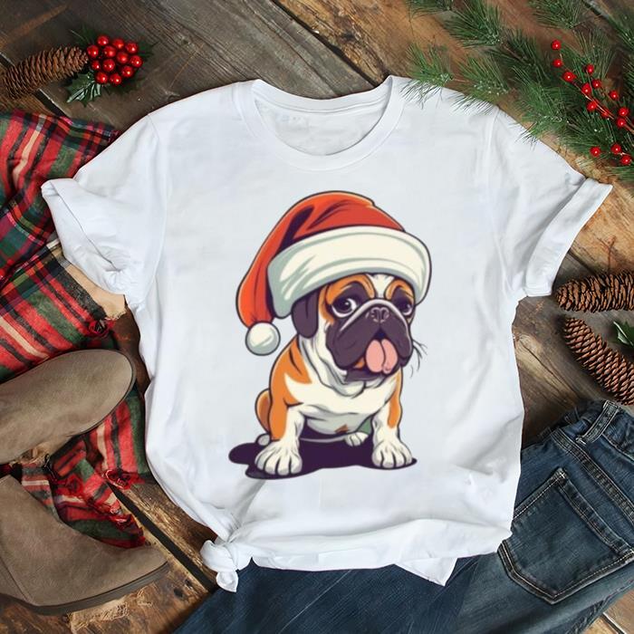 Bulldog wearing a Christmas hat shirt